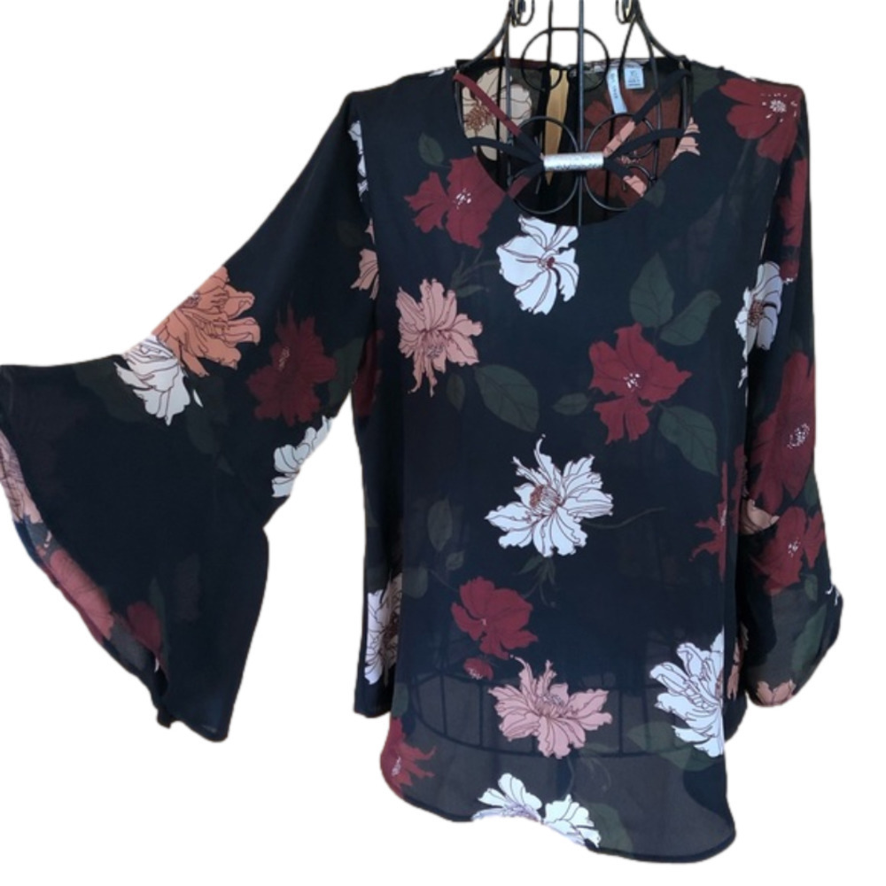 Black Floral Print Blouse Top with Bell Sleeves XS